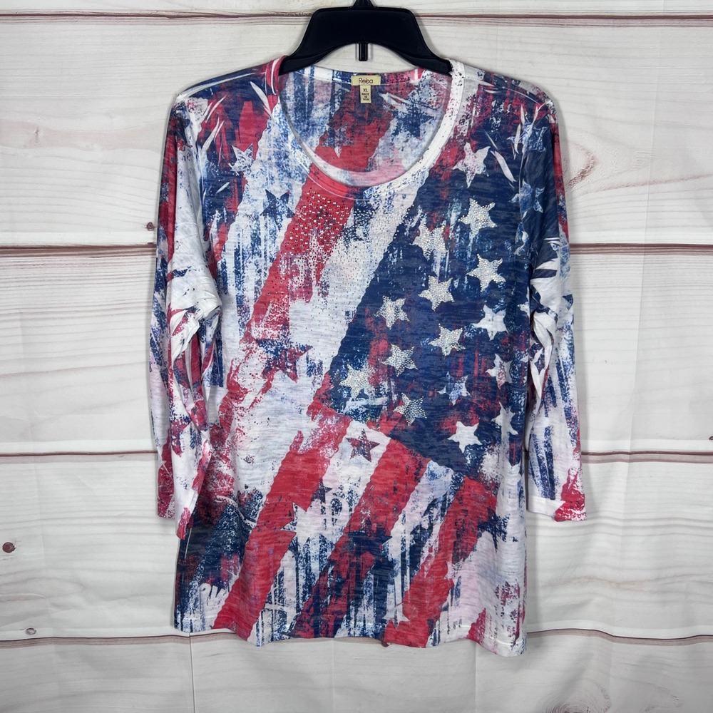 Reba Top Women XL Red White Blue Stars Stripes Studded USA Patriotic 3/4 Sleeve